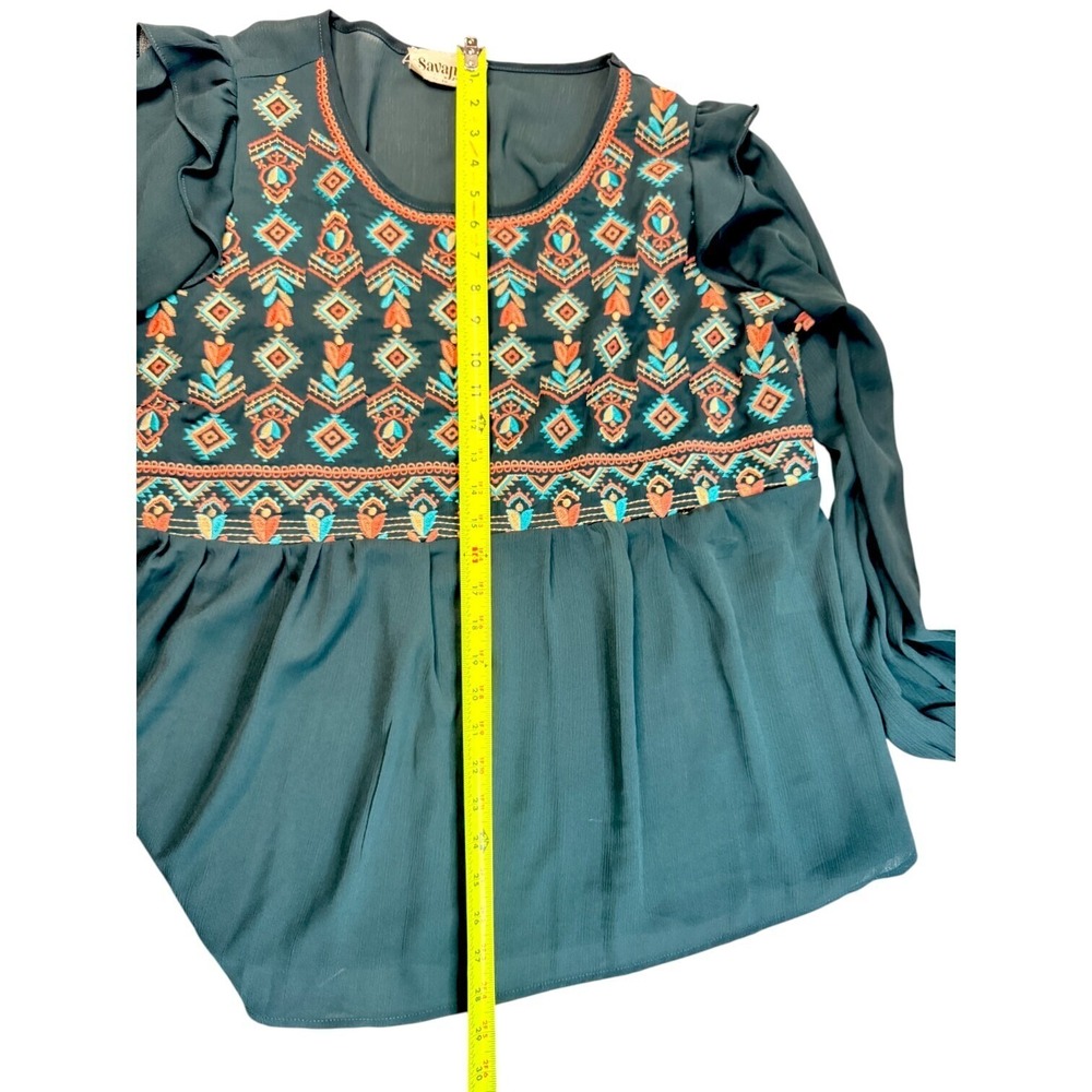 Savannah Jane 1X Top Green Pink Embroidered Aztec Boho Office Feminine‎ - Picture 11 of 13